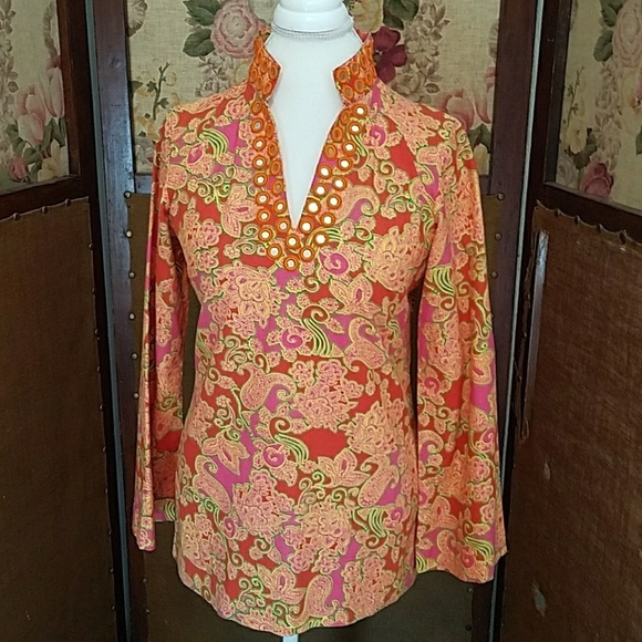 Liza Bryd orange floral boho tunic sz med - Picture 1 of 5